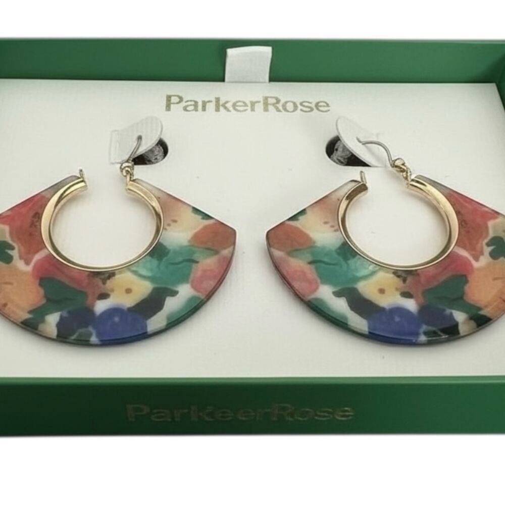 Parker Rose Floral Fan Earrings Gold Tone Hoops Original Box